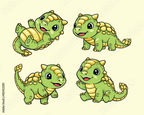 Cute Baby Ankylosaurus Dinosaur Cartoon Set, Kawaii Dino Character Collection for Kids Nursery Design