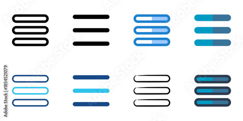 Menu burger icons set multiple style collection. Editable stroke 
