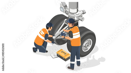 Illustration of two mechanics working on a car tire with tools