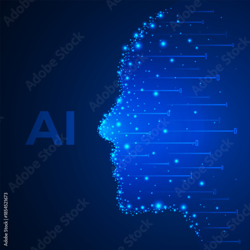Silhouette of human face made of star cluster and flying binary code numbers. Artificial intelligence, neural network concept. Vector illustration