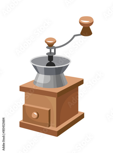 Classic wooden manual coffee grinder. Cafe decor, coffee shop branding, brewing themes, retro kitchen graphics, barista elements. Vector. Flat design