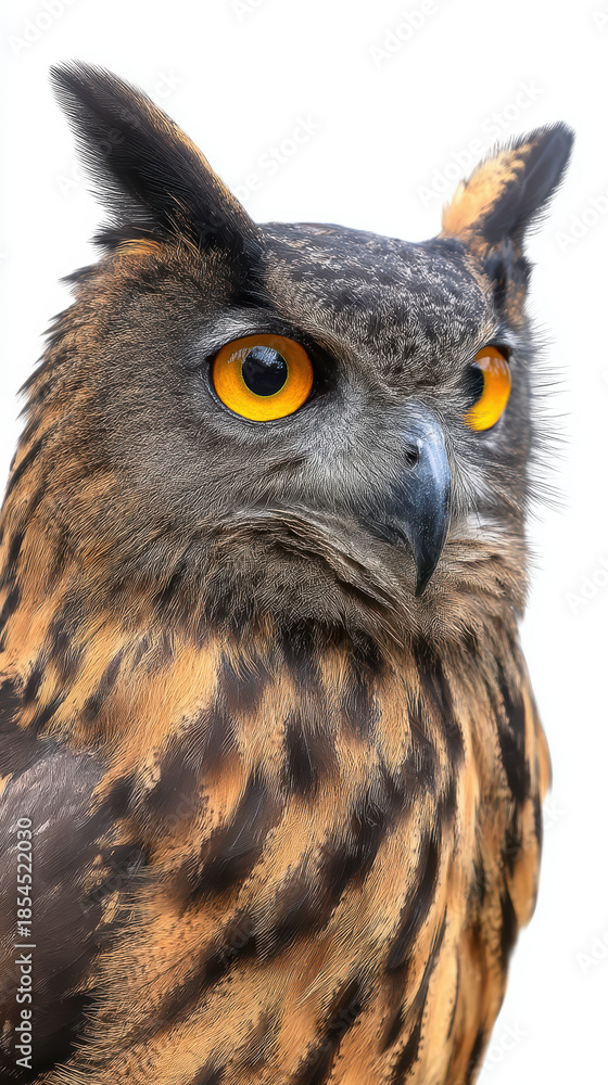 Fototapeta premium Owl white shot bird wildlife animal portrait studio background isolated design art closeup face head eye beak feather brown black peaceful watching alert natural minimal clean copy space sitting