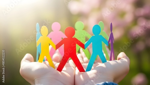 National Unity Day Symbolic representation of unity and diversity with colorful paper people held in supportive hands, fostering a sense of community and connection amidst nature's gentle backdrop
