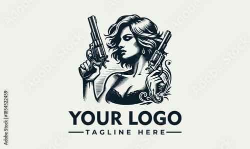 A black and white vector illustration of a woman holding two guns with a logo and tagline text on a clean white background.