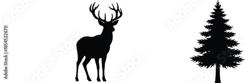 A collection of natural elements eagle deer pine tree and mountains