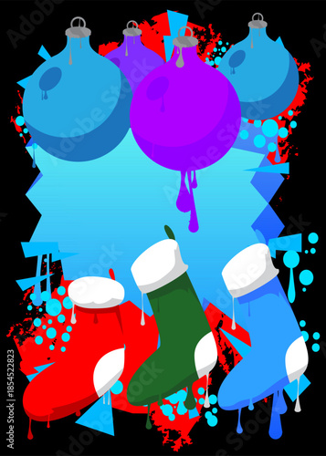 Christmas stocking and decoration ball graffiti. Abstract modern street art decoration performed in urban painting style.
