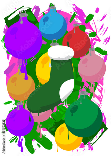 Christmas stocking and decoration ball graffiti. Abstract modern street art decoration performed in urban painting style.