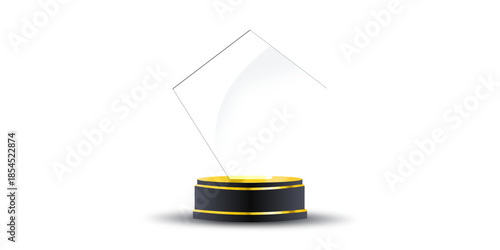 Elegant crystal award plaque trophy with black gold base for winner announcement, ceremony branding, and professional events