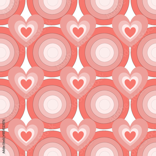Retro style seamless pattern of concentric hearts and concentric circles in various shades of pink, coral, and white for Valentine's Day. Pop art aesthetic design.