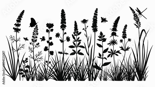Black Silhouette of Wildflowers and Insects.