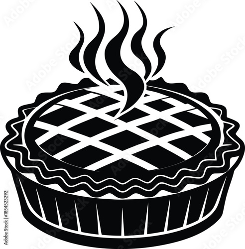 Black silhouette of a hot apple pie, characterized by its lattice crust and emanating steam.