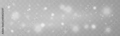 Soft white dust sparkles with glowing bokeh and silver light trails. Shimmering particles, sparks, and bright highlights create a festive glow. Christmas white png vector illustration. 
