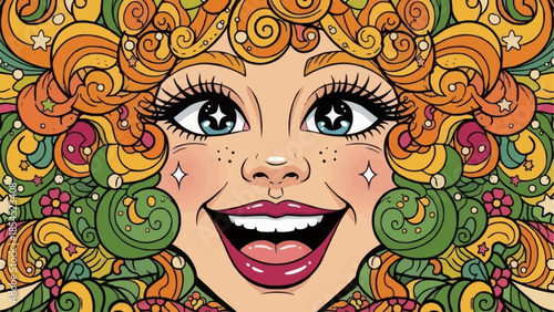 Woman with colorful swirly hair and smile.