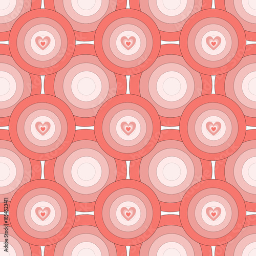Retro style seamless pattern concentric circles and heart in center,  various shades of pink, coral, and white for Valentine's Day. Pop art aesthetic design.