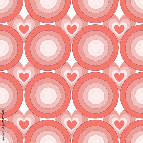 Retro style seamless pattern of concentric hearts and concentric circles in various shades of pink, coral, and white for Valentine's Day. Pop art aesthetic design.