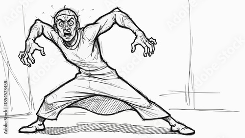 Man in dynamic martial arts pose illustration.