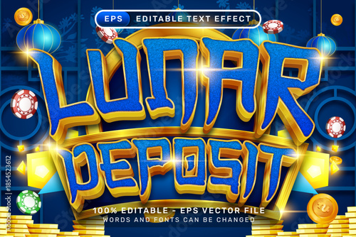 Lunar deposit 3d text effect and editable text effect with lanterns and Chinese ornaments