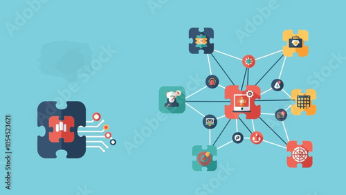 Abstract illustration depicting a complex network of interconnected puzzle pieces representing business integration processes and digital technology components