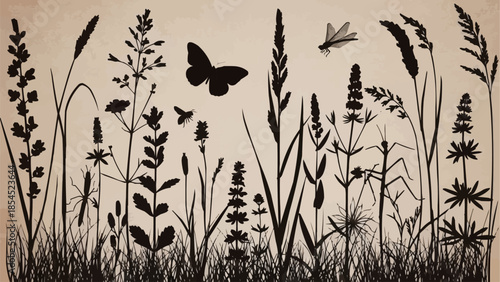 Silhouette of Wildflowers and Butterflies in Flight.