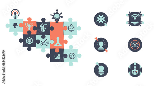 Collection of abstract puzzle piece icons representing strategic business concepts technology integration collaboration and diverse project elements