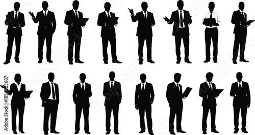 Silhouettes of businessmen in suits showcasing various poses and gestures