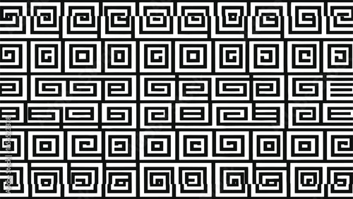 Abstract black and white square spiral maze pattern background, geometric Greek key style design texture for modern graphic art and wallpaper
