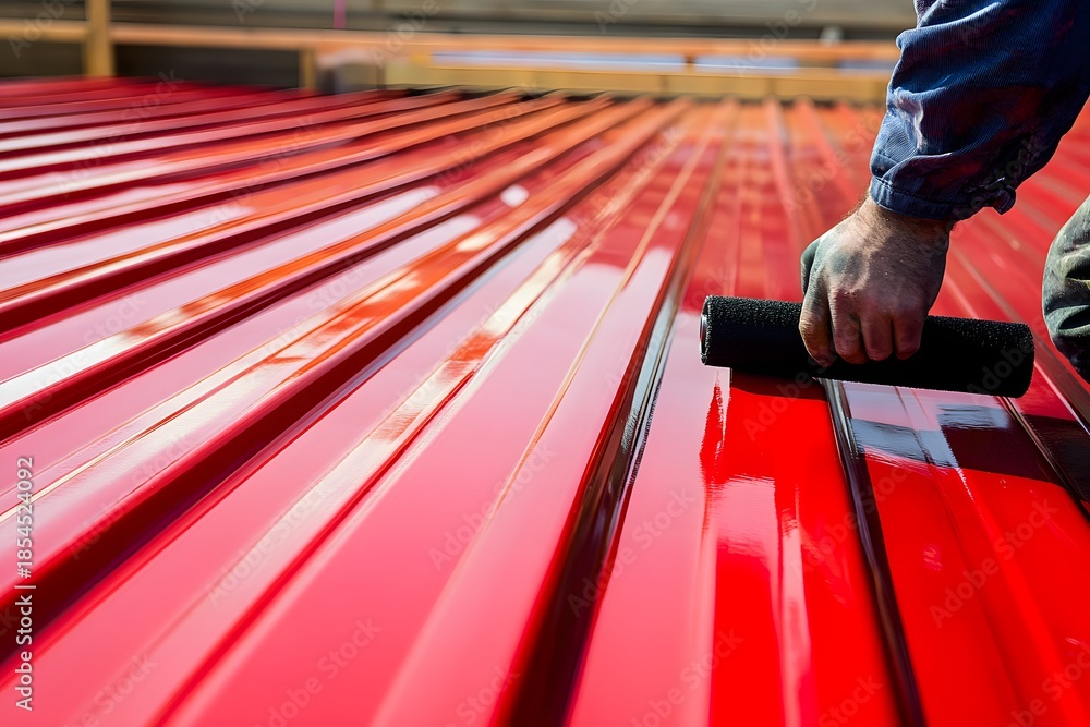 Fototapeta premium Worker painting metal sheets red using roller, close-up industrial maintenance scene.