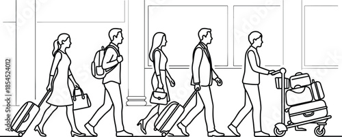 Airport terminal line art illustration of passengers walking with luggage and trolley, travel queue concept for transportation, tourism, and business travel