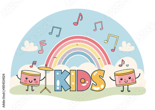 Delightful cartoon drums with rainbow and music notes for kids' designs, vibrant and playful, perfect for educational materials and children's products