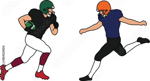 American football illustration featuring offensive running back carrying ball while opposing player attempts to block during intense competitive game action