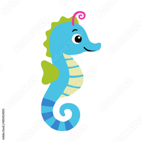 Unique seahorse cartoon illustration with vibrant colors for tropical ocean theme and underwater world design