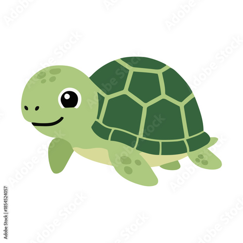Adorable green sea turtle cartoon character walking slowly for kids book illustration and nature design