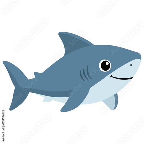 Cute blue shark cartoon illustration isolated on white background for children education and marine design