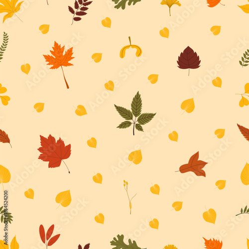 Seamless pattern with colorful autumn leaves on light beige background. Hand drawn fall foliage botanical illustration.