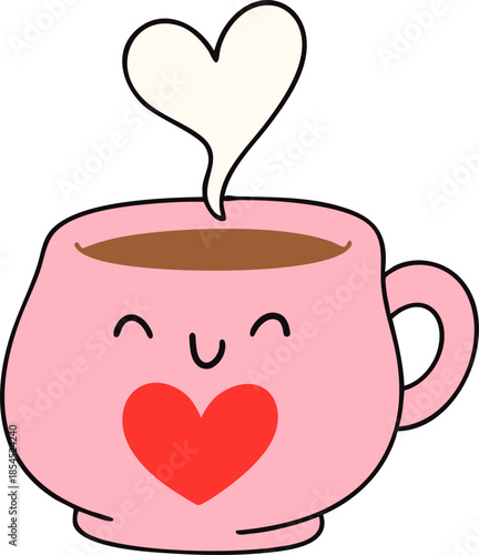Cute pink cup with heart design and steam shaped like heart, conveying warmth and affection. Perfect for Valentine Day