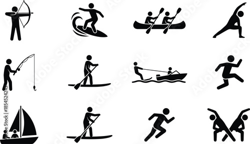 Black silhouette vector set of people enjoying outdoor sports and leisure activities including surfing canoeing yoga fishing running