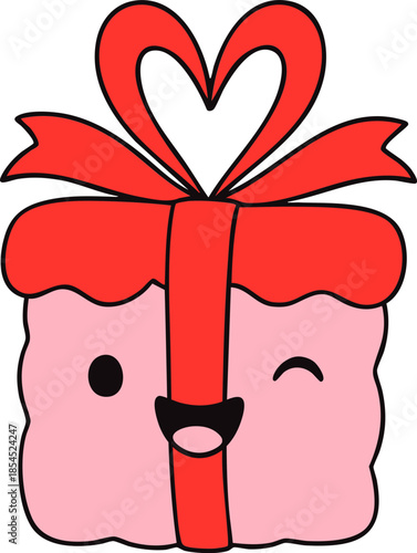 Cute gift box with smiling face and heart shaped ribbon, perfect for Valentine Day celebrations