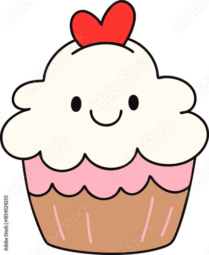 Cute cupcake with smiling face and red heart on top, perfect for celebrations and sweet treats
