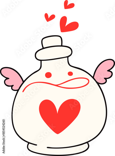 Cute love potion bottle with wings and hearts floating above, perfect for Valentine Day celebrations