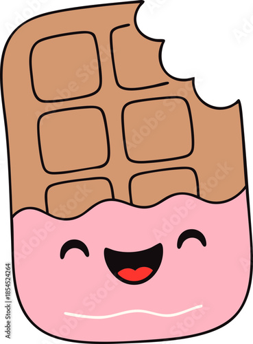 Cute chocolate bar with bite taken out, featuring smiling face and pink filling, perfect for Valentine Day