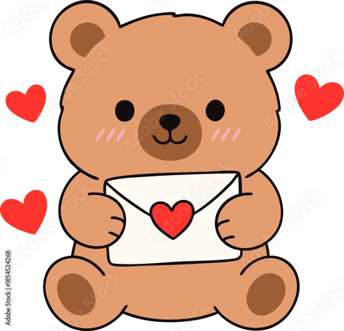 Cute bear holding love letter with hearts surrounding it, perfect for Valentine Day celebrations and expressions of affection