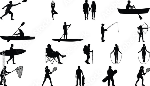 Black silhouette vector set of people enjoying outdoor sports and leisure activities including surfing yoga canoeing fishing skateboarding