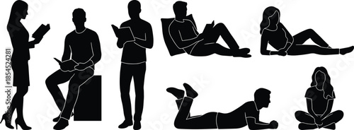 Black silhouettes of men and women reading books in sitting standing and lying poses isolated on white background vector illustration
