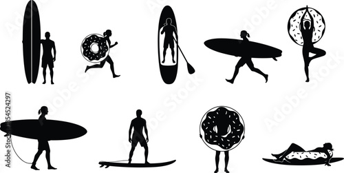 Black silhouette vector set of people enjoying summer beach activities including surfing paddleboarding swimming yoga and inflatable water fun
