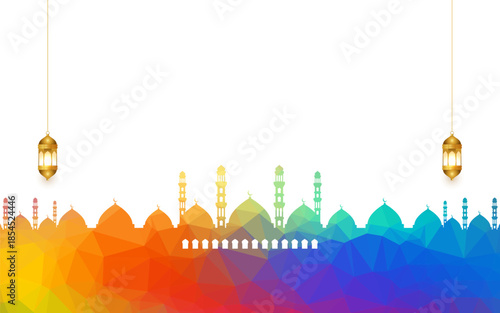 Islamic background design with textured low poly mosque. Eid Mubarak Ramadan Kareem background banner with masjid.