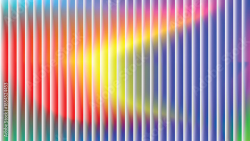 Abstract iridescent glass background with vertical ribbed lines, luminous diagonal rainbow gradient glow in yellow, red, cyan and blue tones, vector illustration