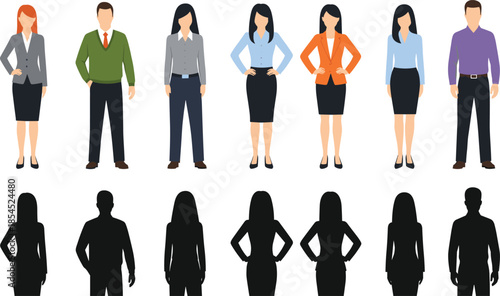Business people illustration with diverse male and female professionals in modern office outfits and silhouettes isolated on white background