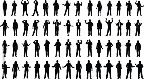 Business people silhouette collection featuring diverse male and female standing poses with expressive hand gestures for corporate teamwork and communication concepts