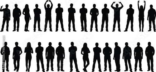 Business people silhouette lineup featuring men and women standing confidently in diverse poses isolated on white background for corporate design