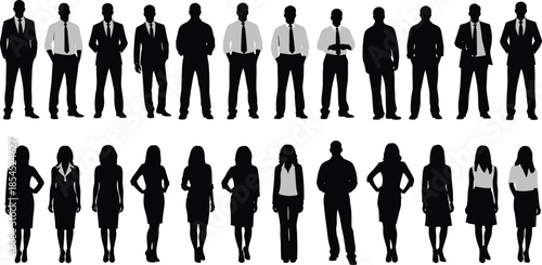 Business people silhouette set featuring professional men and women in formal corporate attire, black vector illustration for office, teamwork, and career concepts